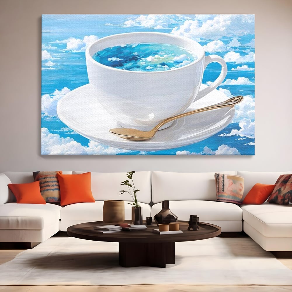 Tablou canvas cu tablou canvas cu ceasca de cafea si cer senin, fara rama, pe sasiu de lemn, pe perete intr-un living